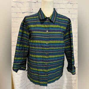 C.L.O.T.H.E.S. Womens Button Front Green Blue Stripe 3/4 Sleeve Collared 1X